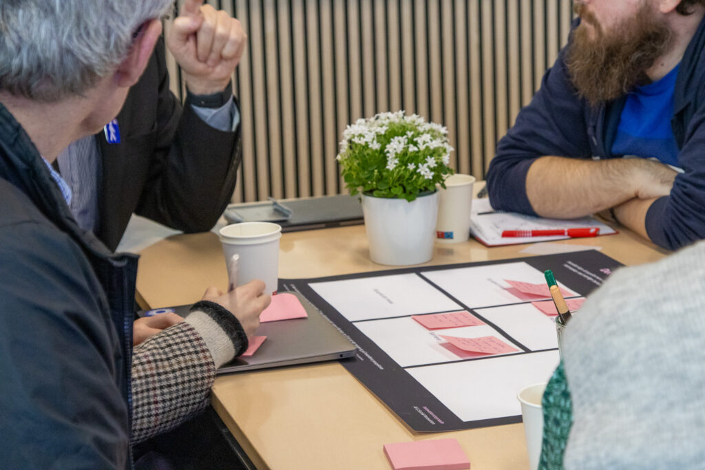 Post its på et bord som folk sidder og skriver på